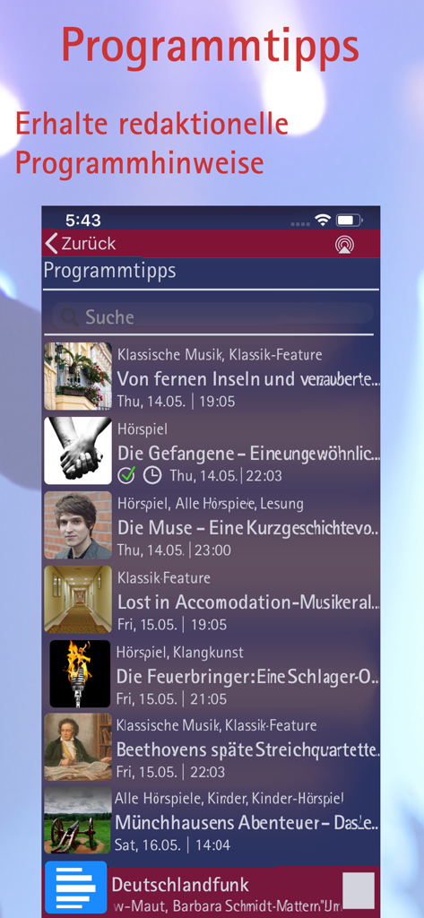 phonostar Radio - Radioplayer - Screenshot der phonostar Radio App, der kuratierte redaktionelle Programmvorschläge und Sendepläne hervorhebt.