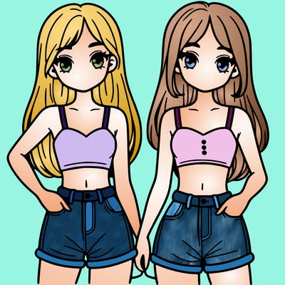 two sisters with crop tops and jean shorts and straight hair