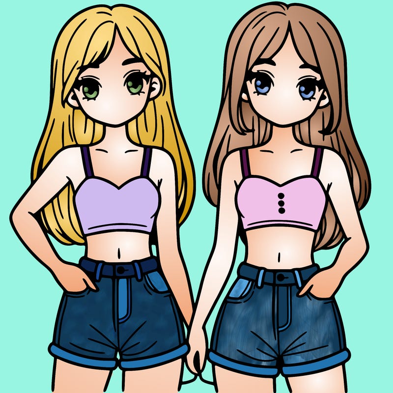 two sisters with crop tops and jean shorts and straight hair