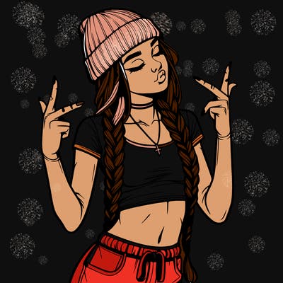 realistic teenage girl with braids and a beanie and crop top doing 🫶🏼