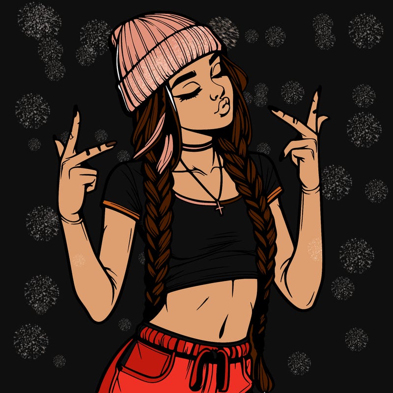realistic teenage girl with braids and a beanie and crop top doing 🫶🏼