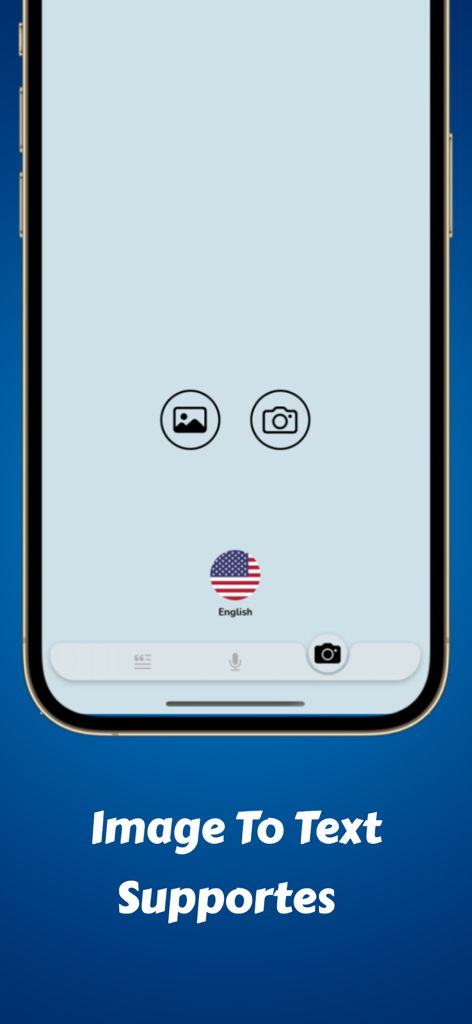 Language Translator Converter - Interfaz de la aplicación móvil Traductor de Idiomas que muestra la función Imagen a Texto con iconos de cámara y galería