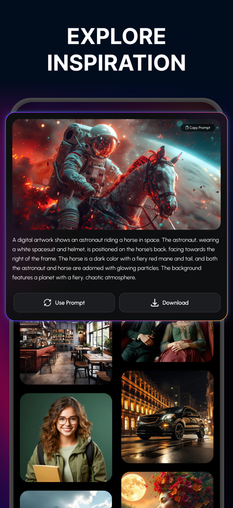 AI image generator - Maker - Interface of the AI Image Generator app showing an Explore Inspiration section with a gallery of AI generated artwork including an astronaut riding a horse in space.