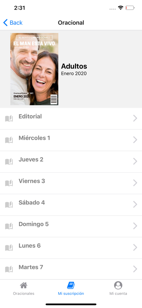 El Man Está Vivo - Interfaz de la app El Man Esta Vivo mostrando una lista de lecturas de oración diarias para adultos