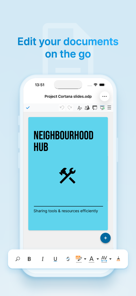 Nextcloud mobile app interface showing a presentation slide being edited on a smartphone
