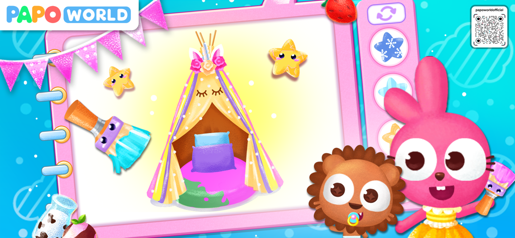 Papo Town Play House - A creative drawing interface in Papo Town Play House featuring a unicorn teepee tent and animal characters