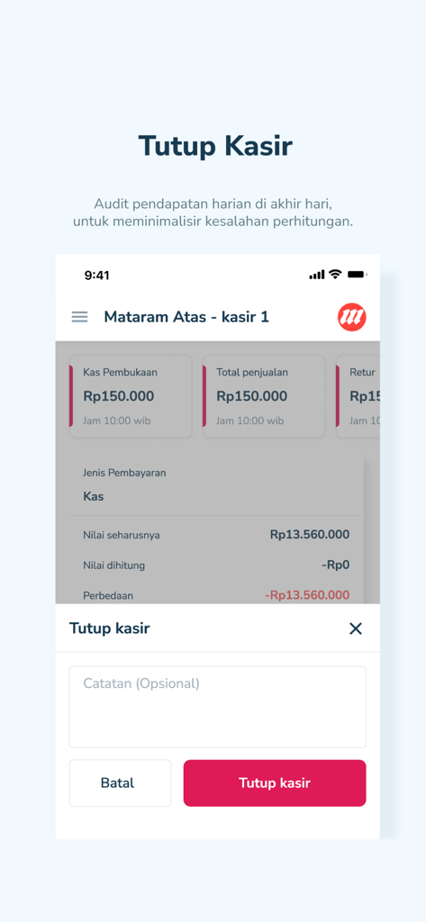 Jubelio POS - Jubelio POS mobile app interface showing the daily cash audit and register closing process
