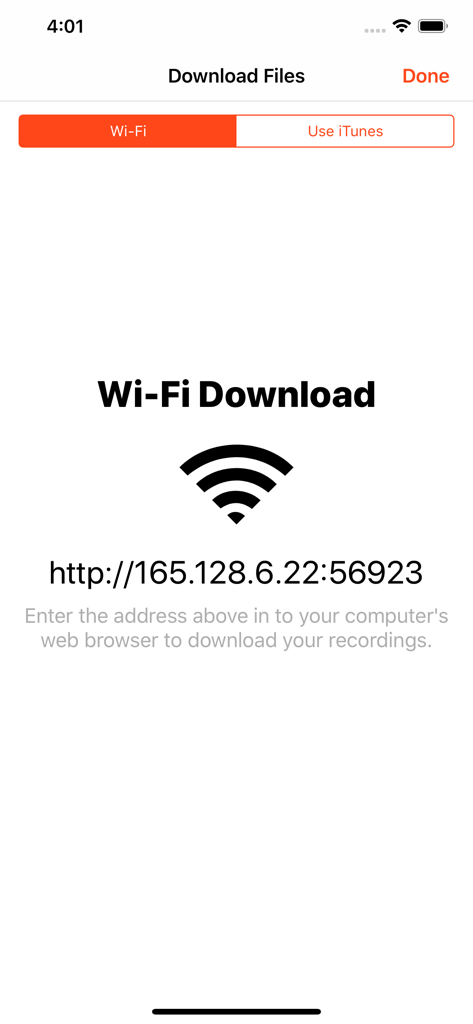 Wi-Fi transfer screen in iRecorder Pro app showing a web address to download recordings