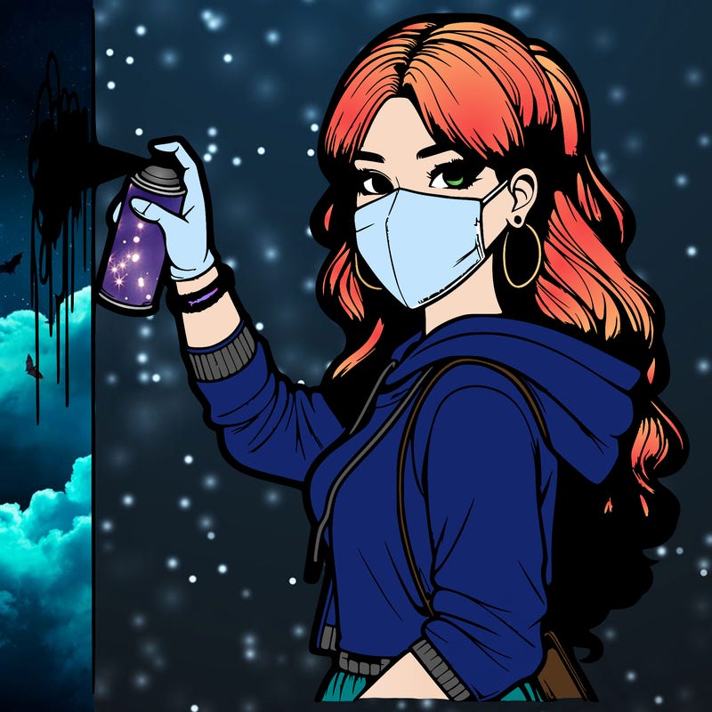 realistic girl with mask spray painting a wall