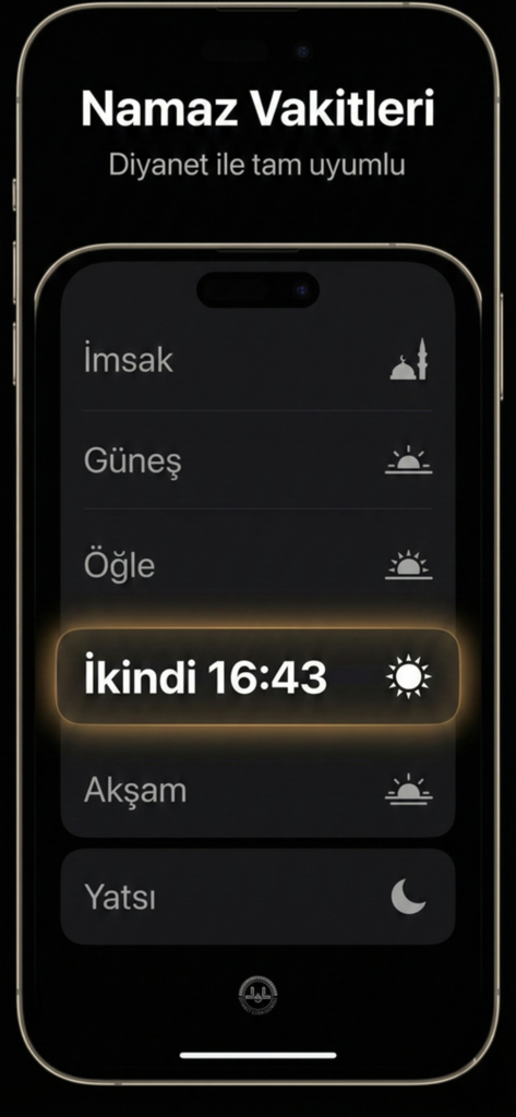 Hidayet: İslami Asistanınız - Screenshot of Hidayet app showing daily prayer times in Turkish with a modern dark interface