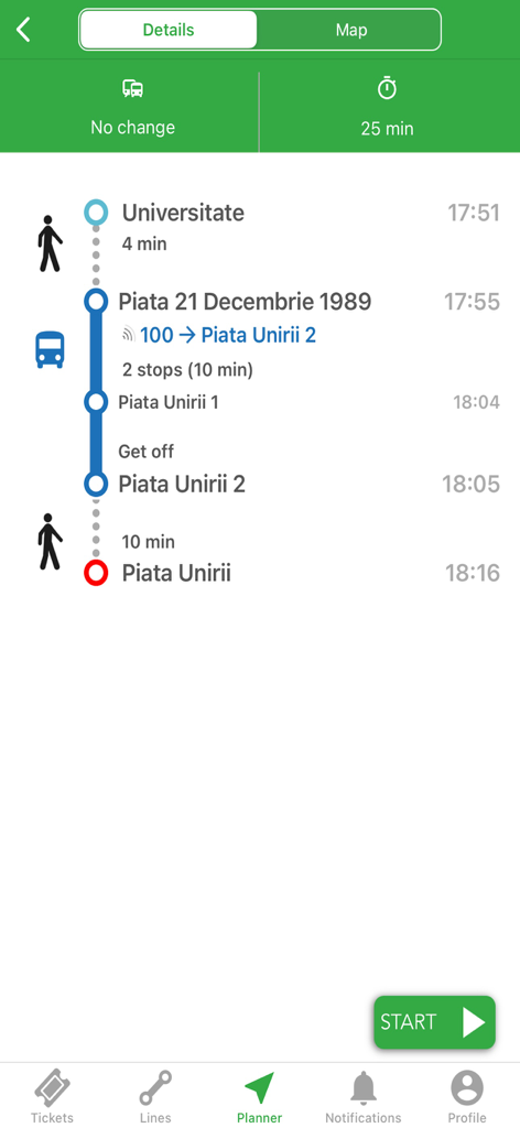 Route planner screen of Info Transport Bucharest app showing a trip itinerary with walking and bus directions
