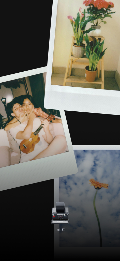 Examples of instant film photos including a couple with a ukulele and plants created with the Int C filter in the Locca app