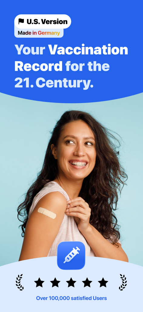 Immunization Record – Vaccy - A smiling woman with a bandage on her shoulder promoting Vaccy as the vaccination record for the 21st century