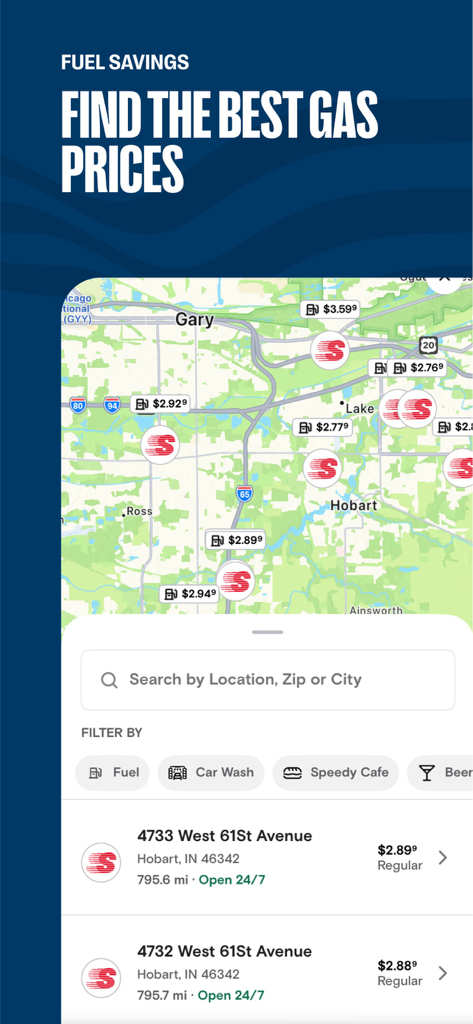 Speedway app map showing gas station locations and current fuel prices