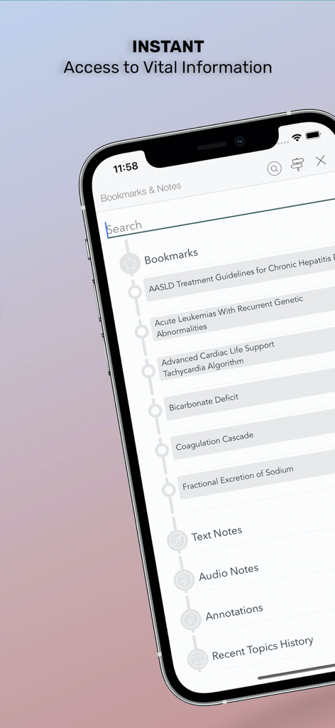 Washington Manual Medical Ther - Smartphone interface of the Washington Manual Medical Therapeutics app showing bookmarked clinical guidelines and note taking features