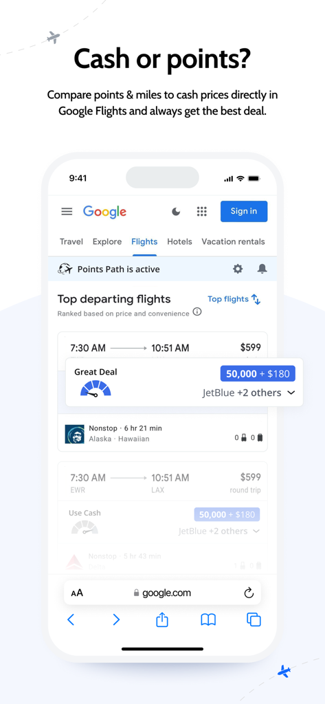 Points Path - Captura de tela móvel do aplicativo Points Path comparando preços em dinheiro e pontos para voos diretamente no Google Flights