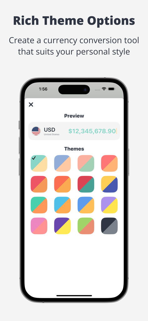 Currency - Exchange Converter - 通貨アプリのインターフェース。為替レート計算機をパーソナライズするための、さまざまなカラフルなテーマオプションを表示。