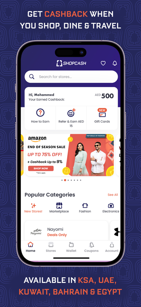 Interfaz de la aplicación móvil ShopCash que muestra el saldo de cashback y las categorías de compra.