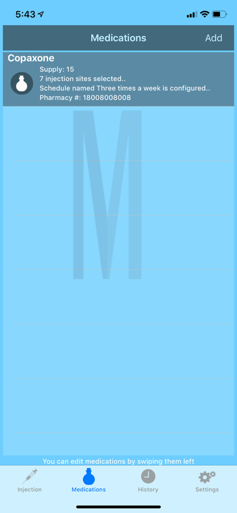 Injection Reminder - Screen from the Injection Reminder app displaying a medication named Copaxone with its supply amount and injection schedule