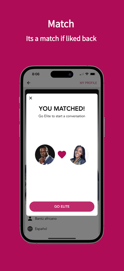 Successful match screen on Africa Love Match dating app showing two user profiles and a Go Elite call to action button
