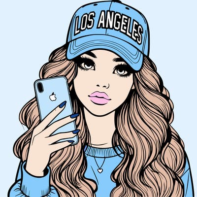 realistic beautiful girl wearing los ángeles cap holding an iphone