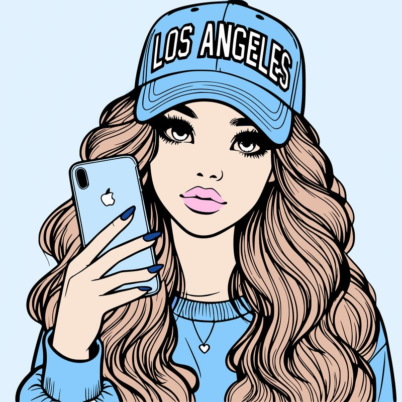 realistic beautiful girl wearing los ángeles cap holding an iphone
