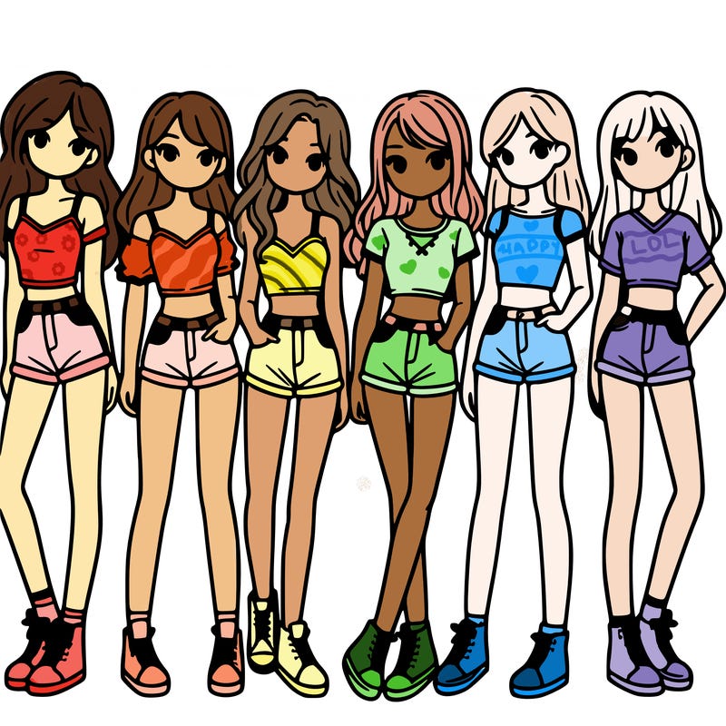a group of girls wearing crop tops and shorts