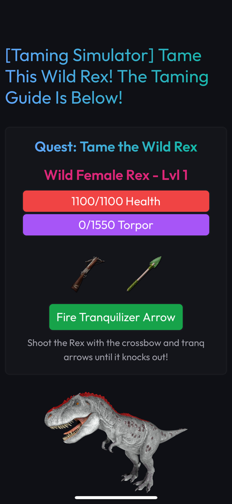 Taming simulator screen for a Rex dinosaur in the ARK Unity app