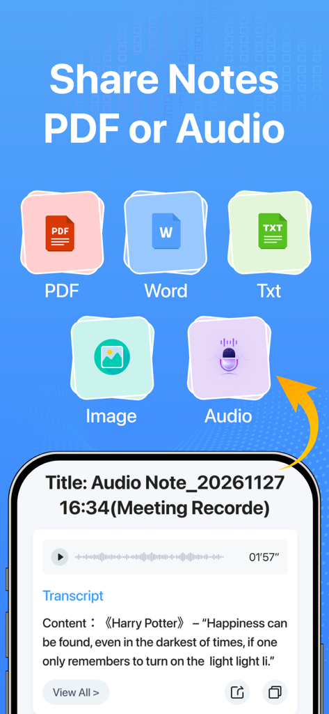 Notes - AI Note Taker - App interface demonstrating export options for notes in PDF Word Txt Image and Audio formats
