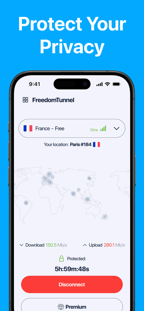 VPN Unlimitedㅤ - VPN Unlimited mobile app interface showing a protected connection to a server in France with connection speed metrics.