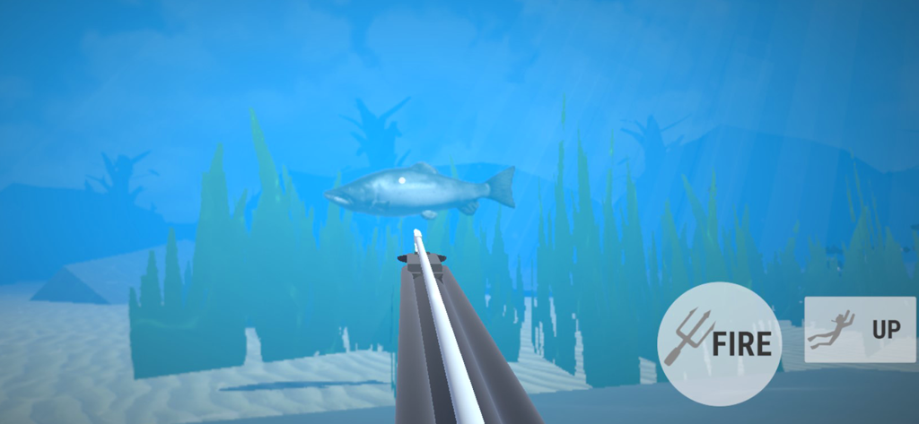 Spearfishing Simulator - First person view of a speargun aiming at a fish in an underwater simulation