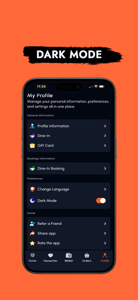 The Menu Hub - A tela de configurações de perfil do aplicativo móvel The Menu Hub exibindo a interface do modo escuro.