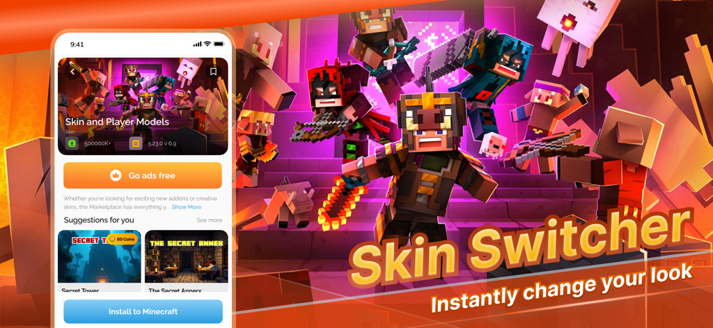 Mods for Minecraft PE: MCPE - Minecraft PE skin switcher interface showing various character models