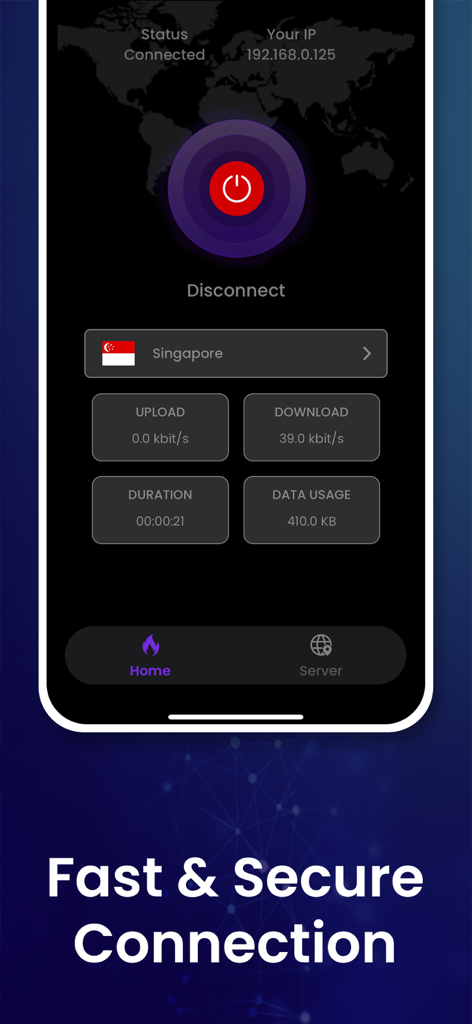 Fire VPN: Fast, Safe, Private - Fire VPN app interface showing a secure connection to a Singapore server with speed and data usage stats