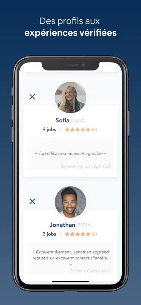 Extracadabra - Recrutement - Extracadabra app interface showing candidate profiles with star ratings and verified work experience