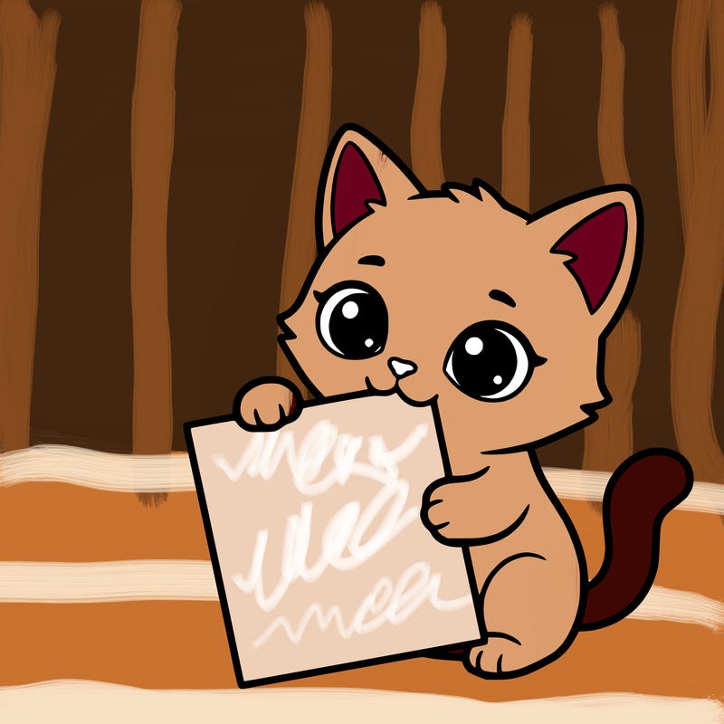 a small cat with a blank sheet of paper in its hand. the cat is sooooooo cute!