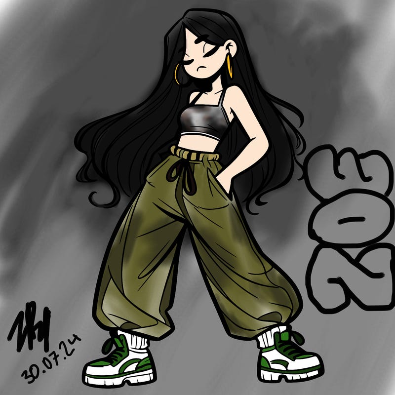 girl in baggy pants crop top and long hair