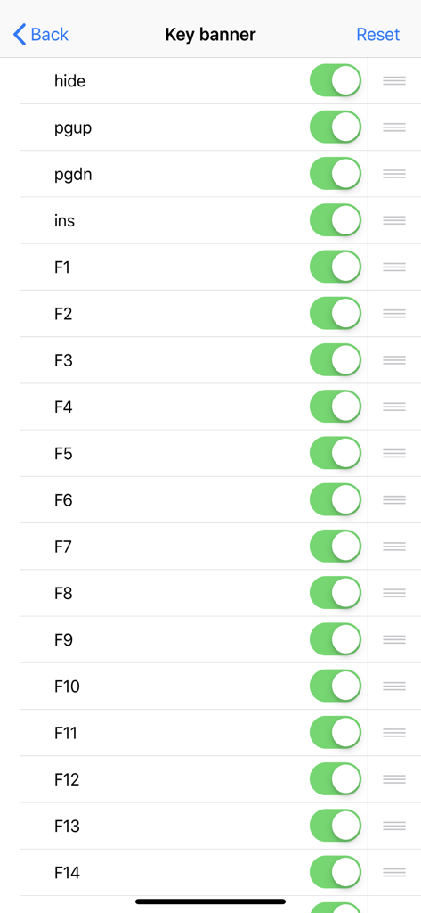 Bildschirm zur Konfiguration des TN5250-Terminalemulator-Key-Banners mit Umschaltern für Funktionstasten