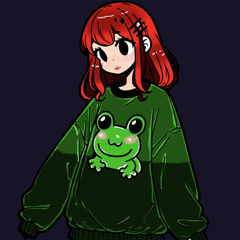 girl wearing frogging sweatshirt