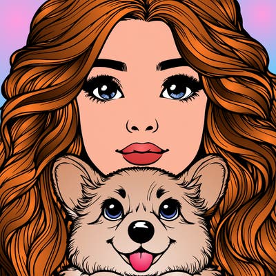 realistic girl face with a nose and wavy hair and a corgi dog in her arms