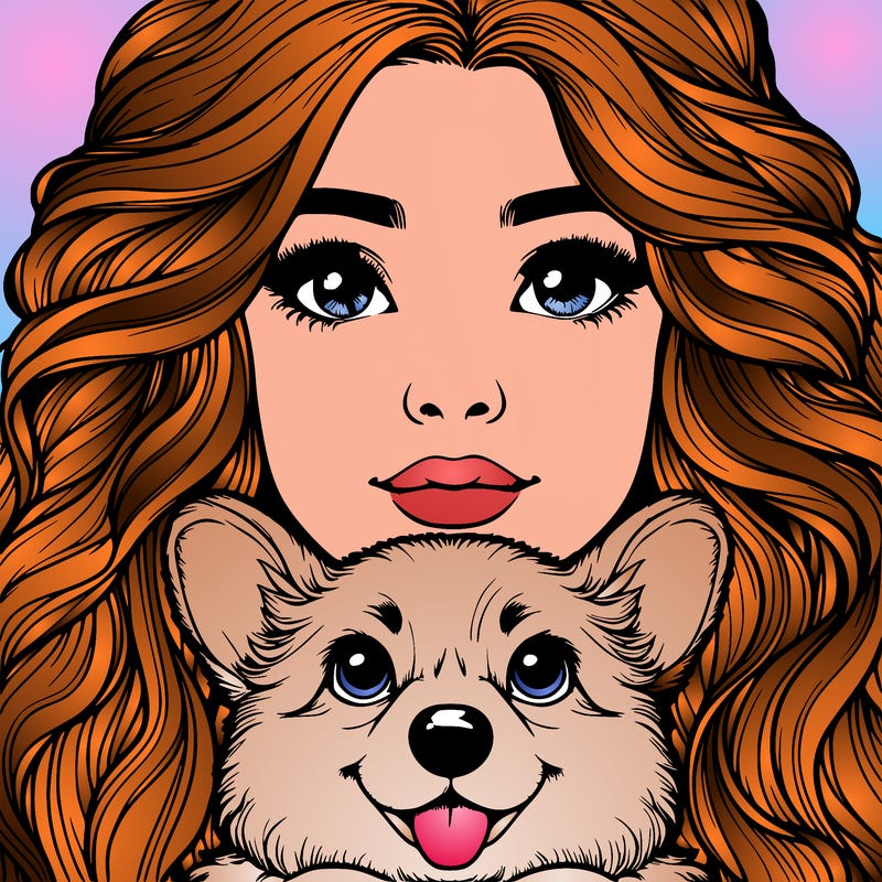 realistic girl face with a nose and wavy hair and a corgi dog in her arms