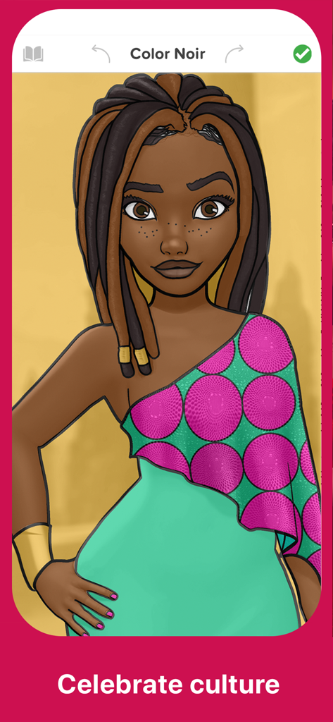 Digital illustration of a Black woman with dreadlocks and cultural attire from the Color Noir app