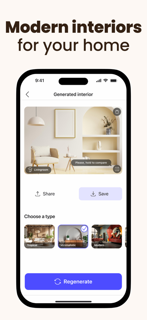 Interfaz de la aplicación Roomify que muestra un interior de sala de estar minimalista generado