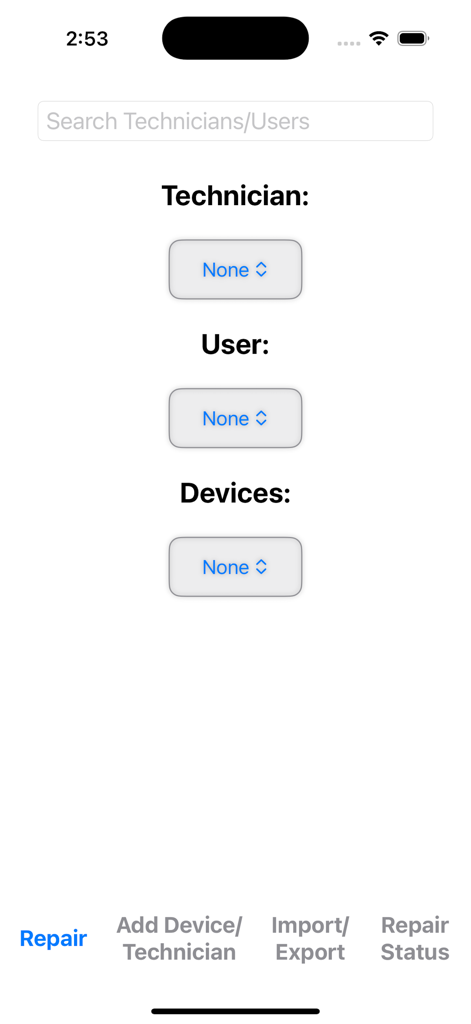 Main screen of the Repair Tracking app showing selection menus for technician user and devices