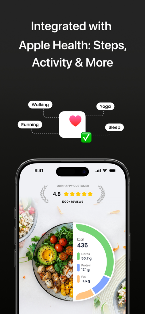 AI Calorie Tracker - Fitory - Interfaz de la aplicación Fitory mostrando integración con Apple Health y análisis de macros de comidas con IA