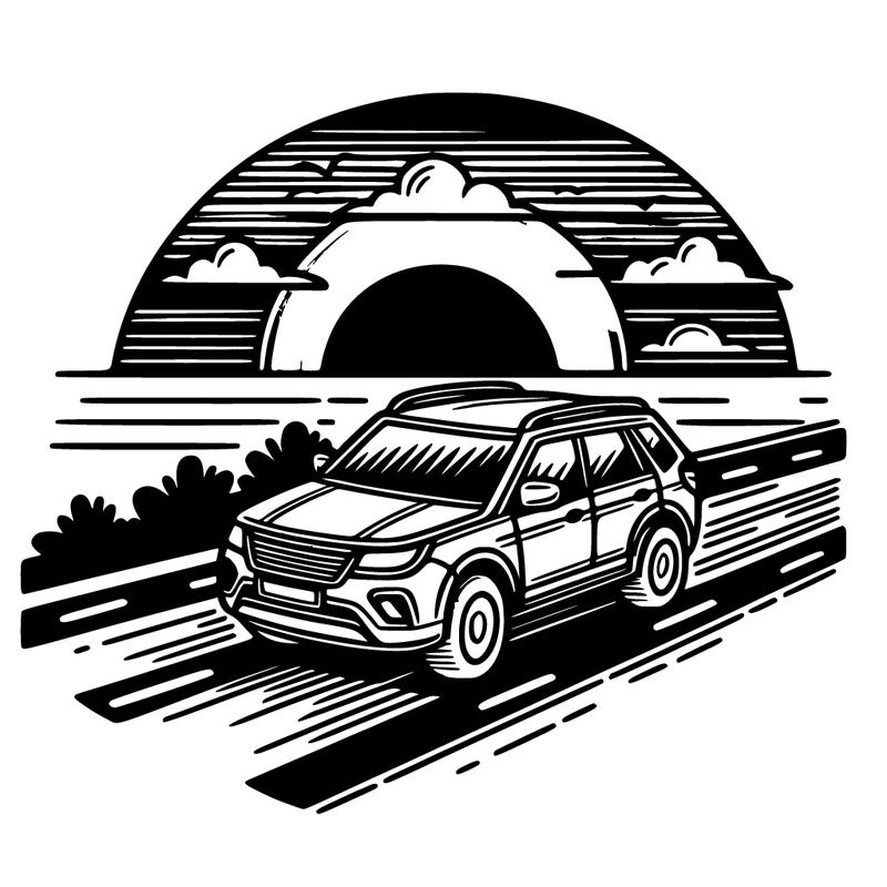 a car driving along the sunset