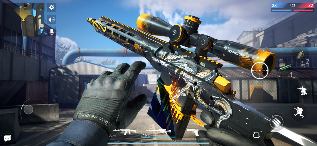 First person view of a customized sniper rifle with a dragon skin in Modern Strike Online