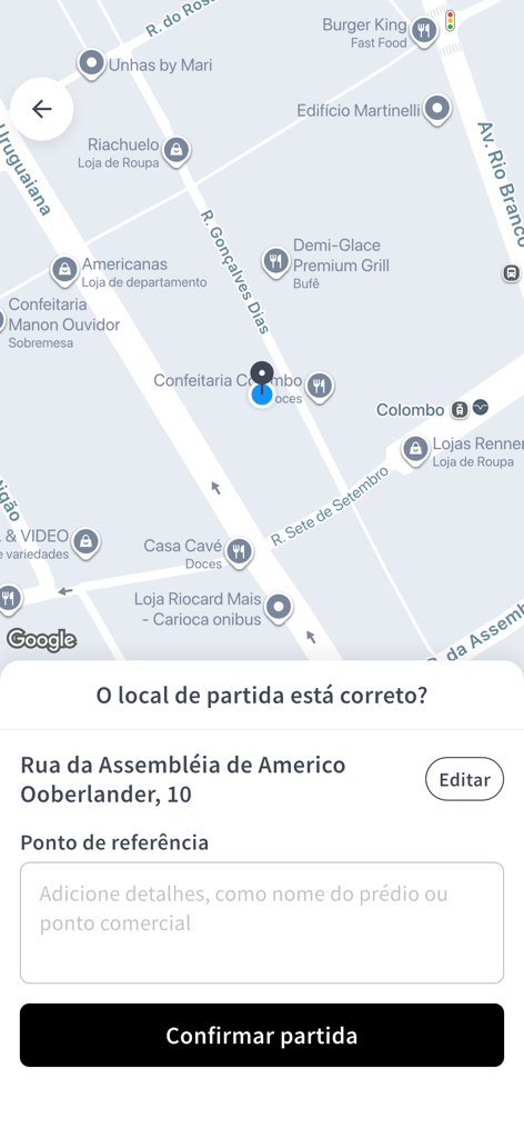 Urbano Norte - Captura de tela do aplicativo móvel Urbano Norte mostrando uma interface de mapa para confirmar um local de retirada de viagem com detalhes de endereço e um botão de confirmação.