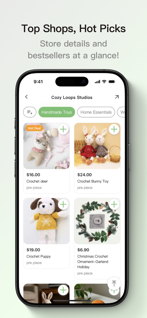 Mobile app interface of Airmart displaying handmade crochet toys and local shop details.