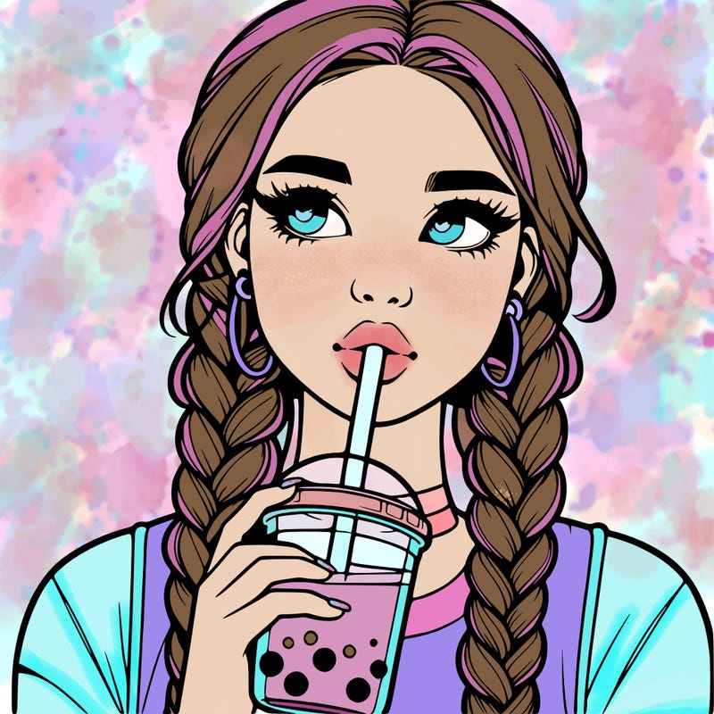 realistic girl with braided hair drinking boba